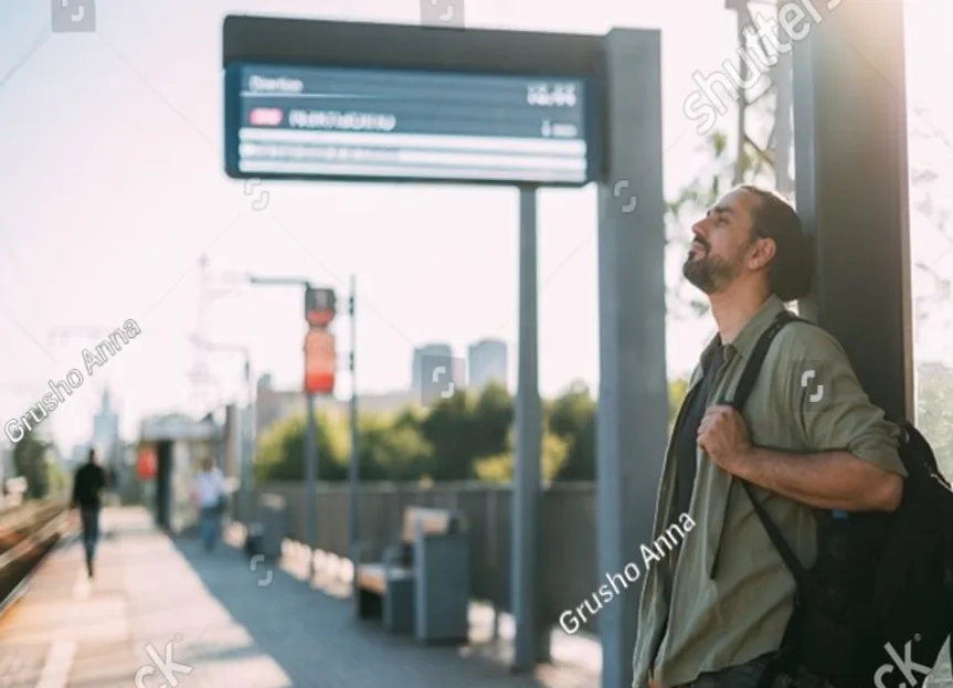 Ein Mann lehnt mit Rucksack an einem Pfeiler auf einem Bahnsteig und blickt nachdenklich nach oben